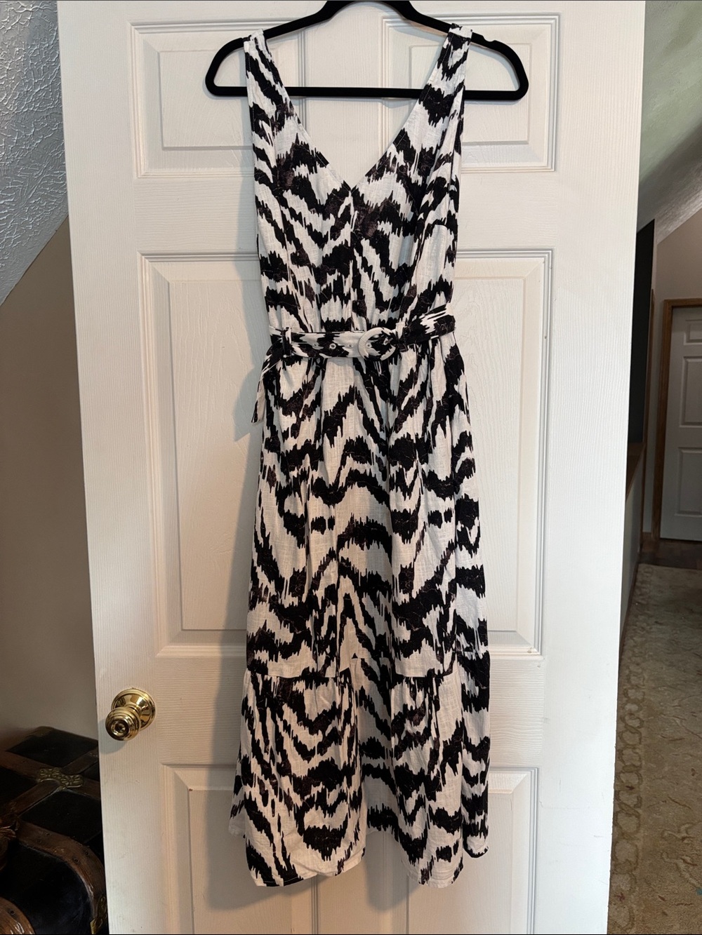 Nine West Black & White Zigzag Midi Dress with Waist Tie